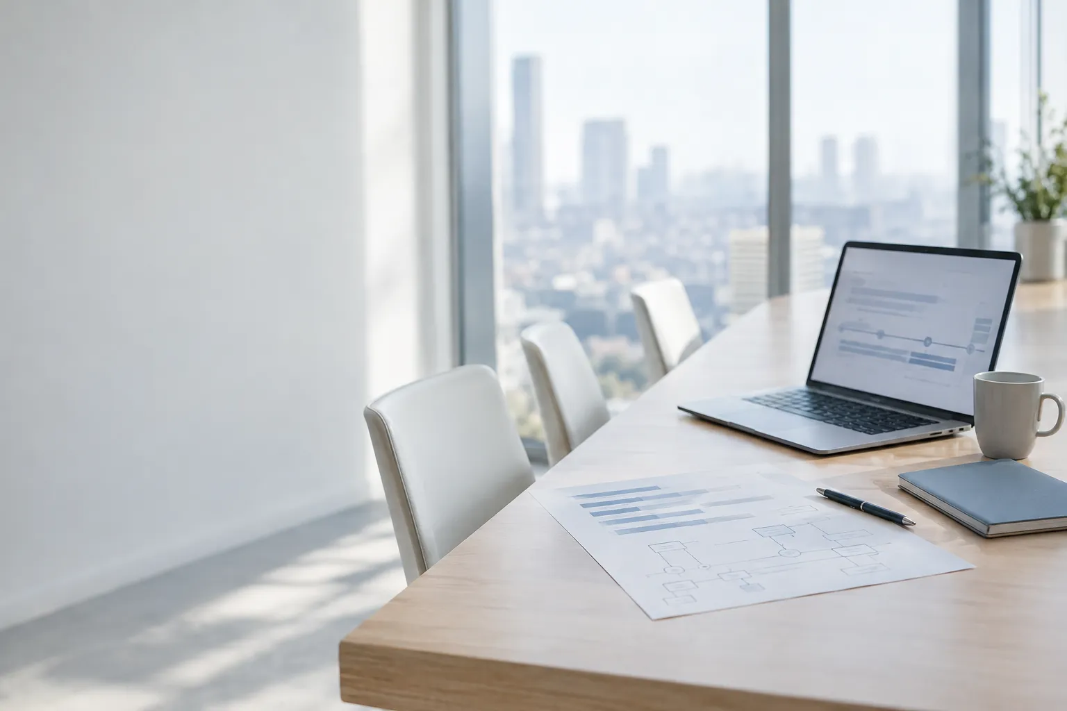 A boardroom table by tall windows with a printed roadmap, an architecture sketch and an open laptop