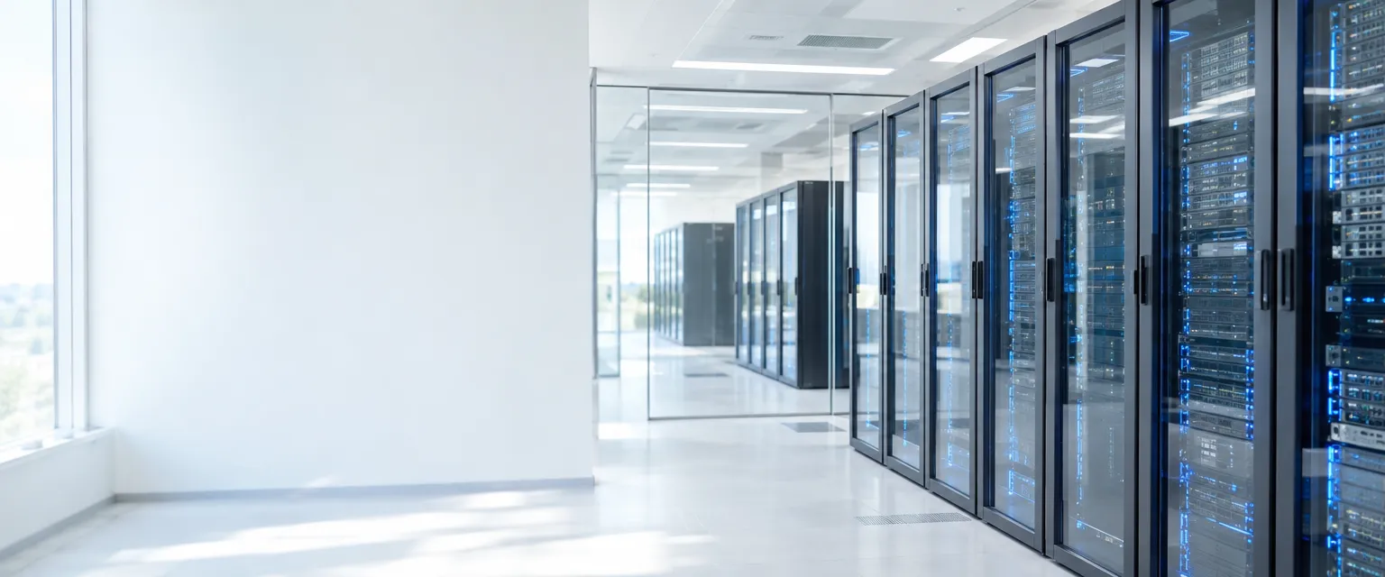 Rows of GPU server racks with soft blue status lights in a bright compute room