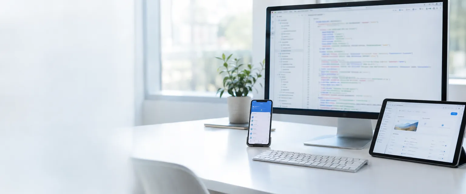 A developer desk with code on a large monitor, a phone showing a mobile app and a tablet showing a web app