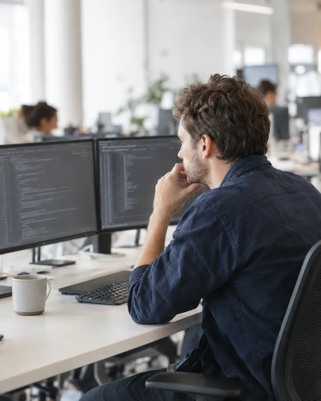 A software engineer reviewing code across two monitors in a bright open office