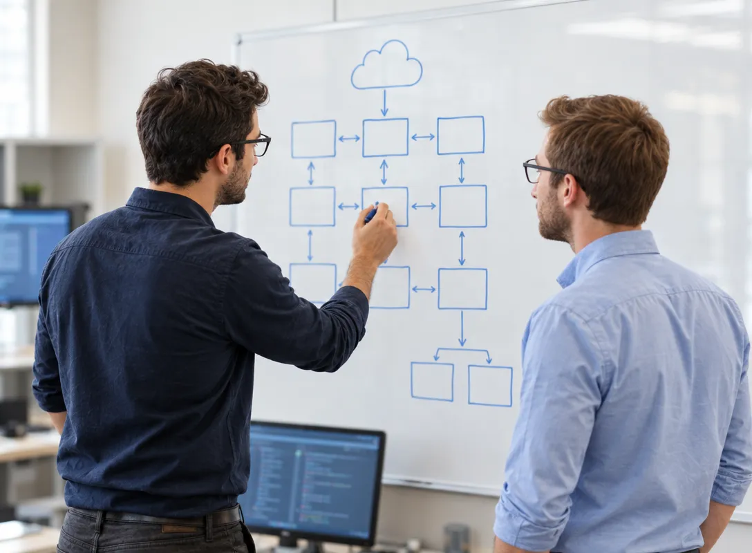 Two engineers sketching a system architecture on a whiteboard