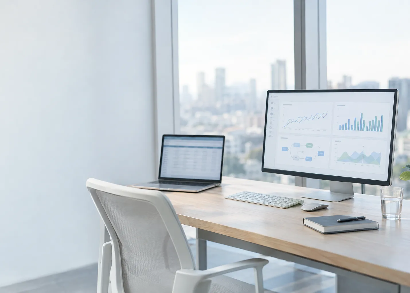 An analytics desk by tall windows, with a monitor showing charts and a data-flow diagram beside an open laptop