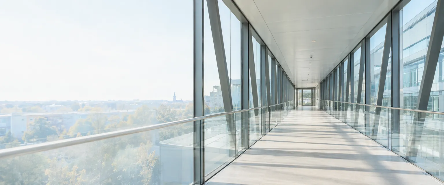 A glass walkway between two buildings in morning light