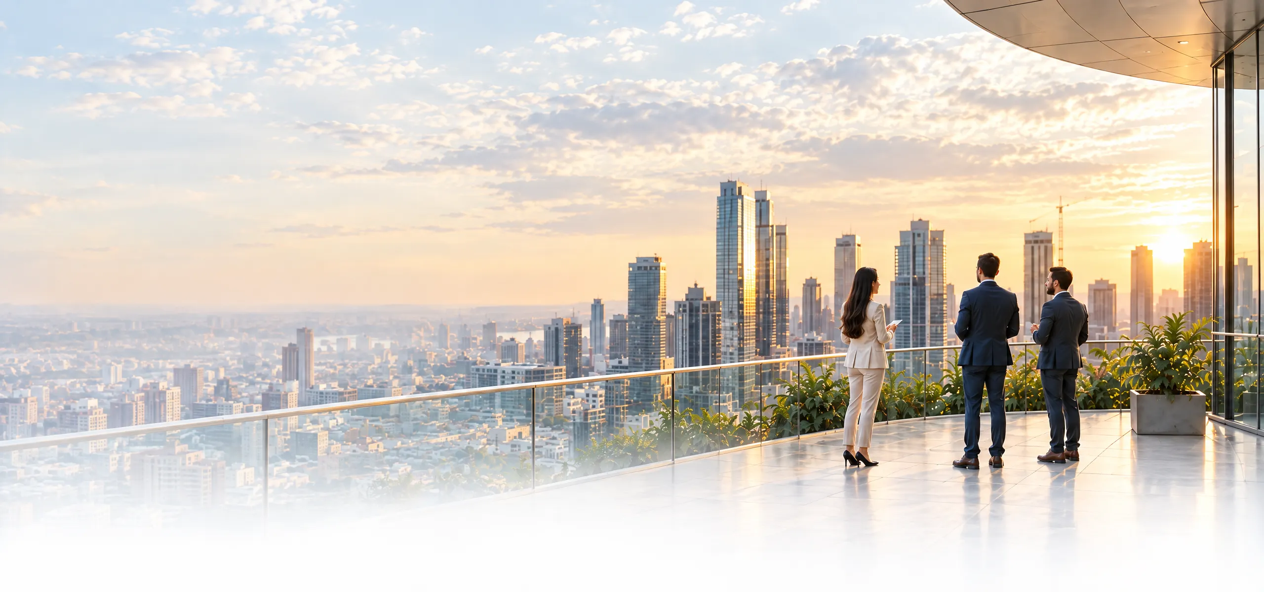 Three colleagues talking on a glass-railed rooftop terrace above a city at sunrise