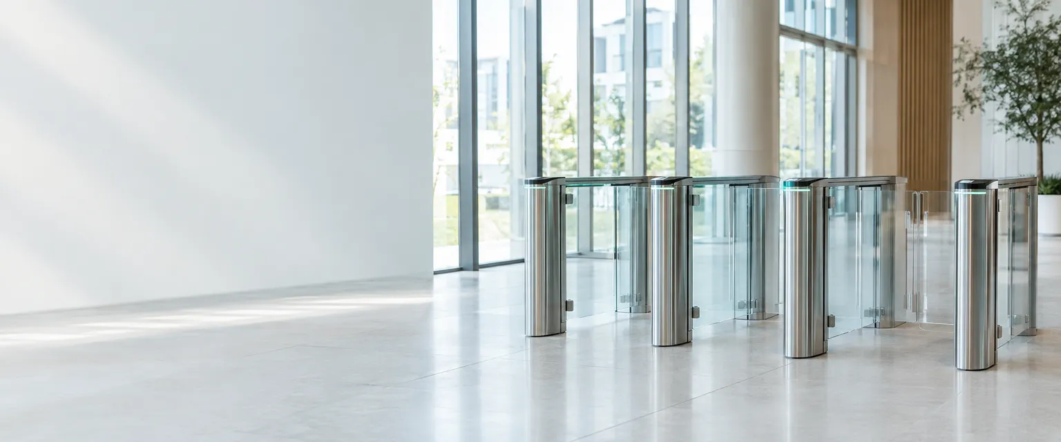 Glass entry gates in a bright, airy lobby