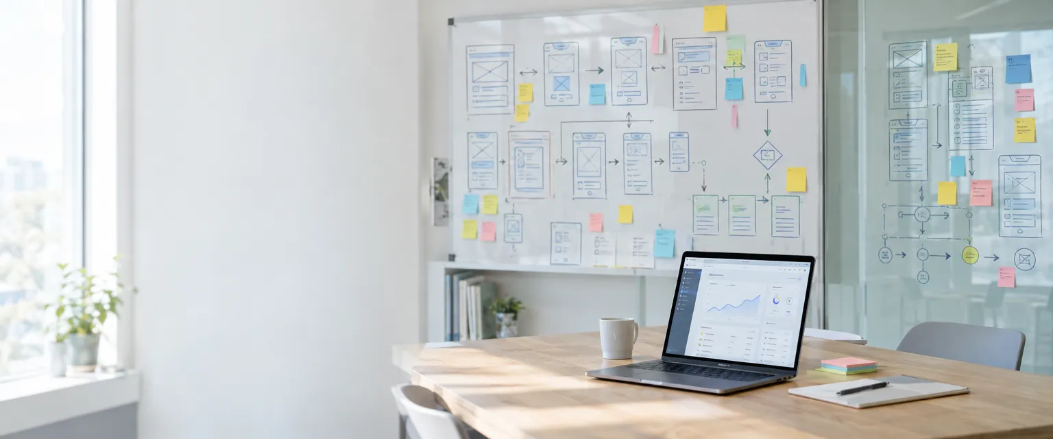 A product design wall of wireframes, user flows and sticky notes, with a laptop showing a dashboard