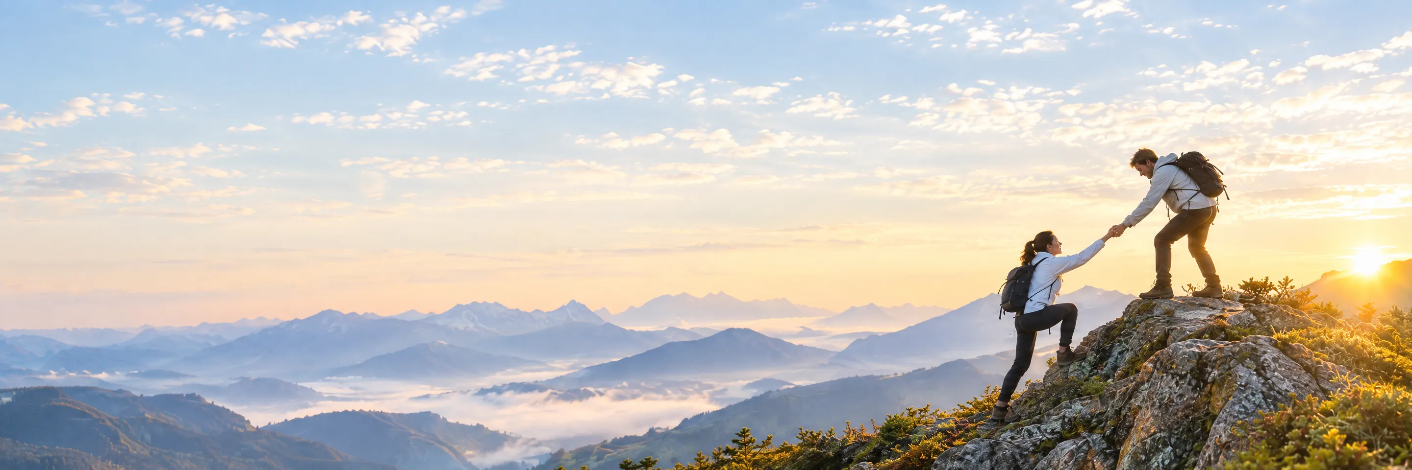 Two hikers on a rocky ridge at sunrise, one helping the other up the last step