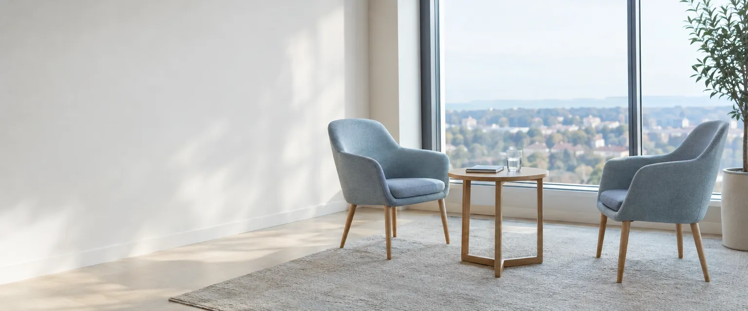 A bright, empty interview room with two chairs at a light oak table by a tall window