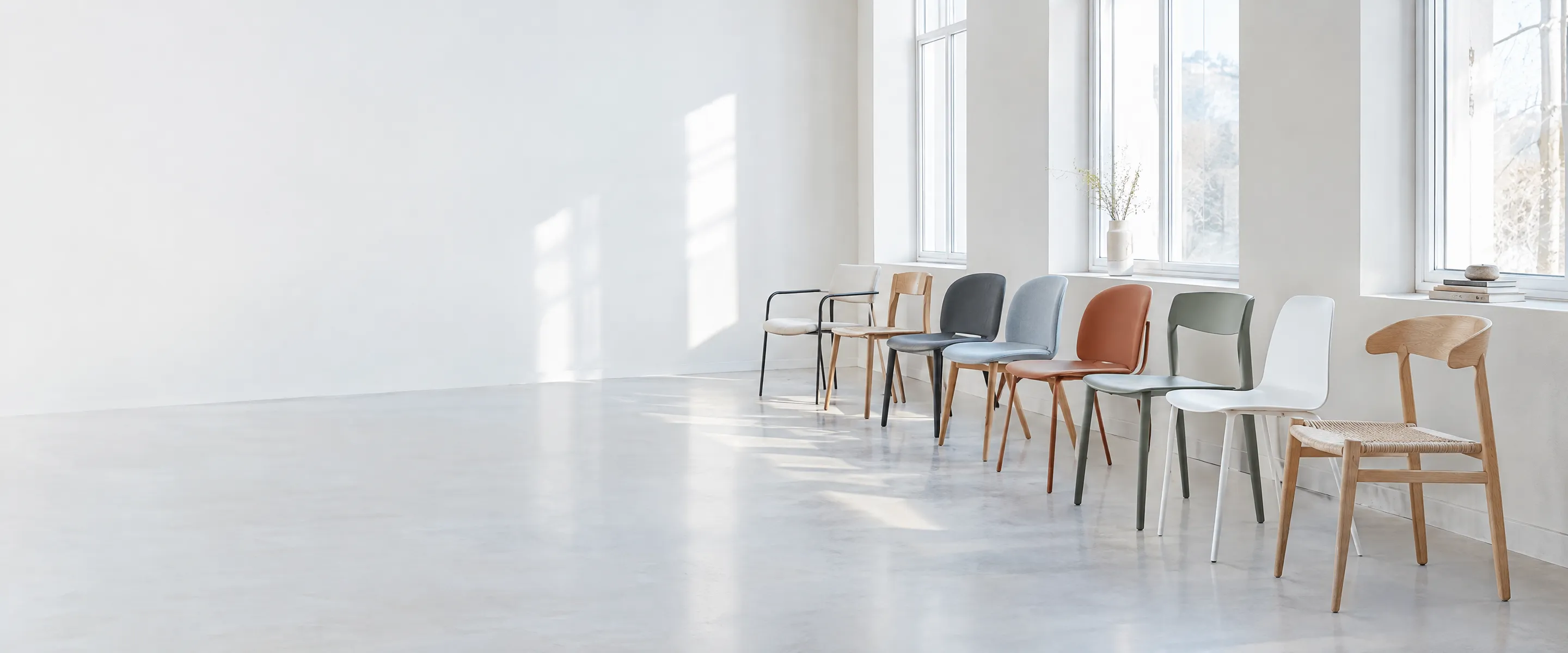 A row of varied chairs in a bright, minimal hall