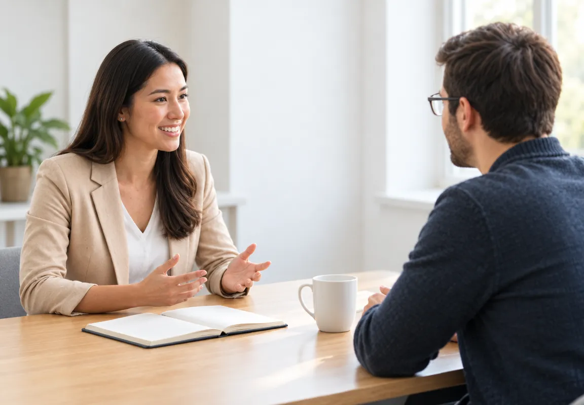 A recruiter in conversation with a technology professional at a meeting table