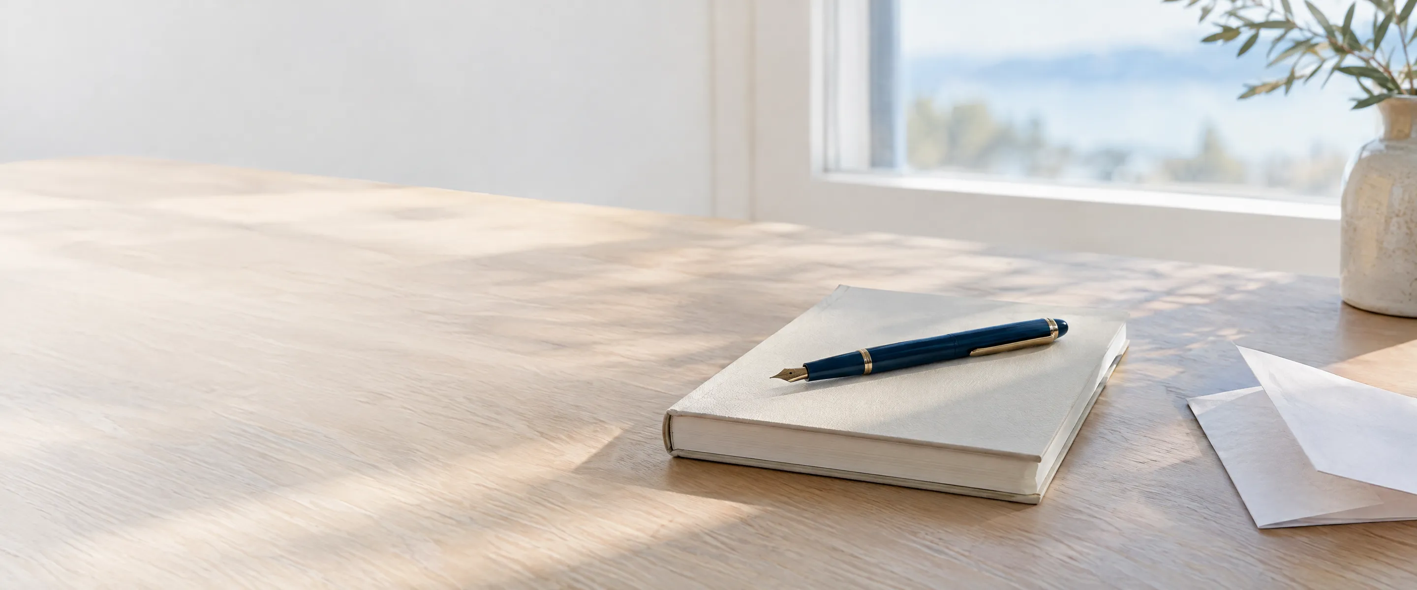 A closed notebook and fountain pen on a sunlit oak desk